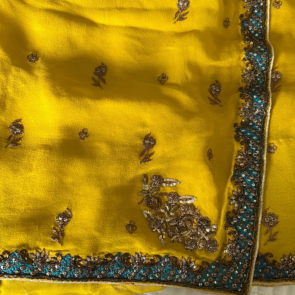 Mustard and blue border saree